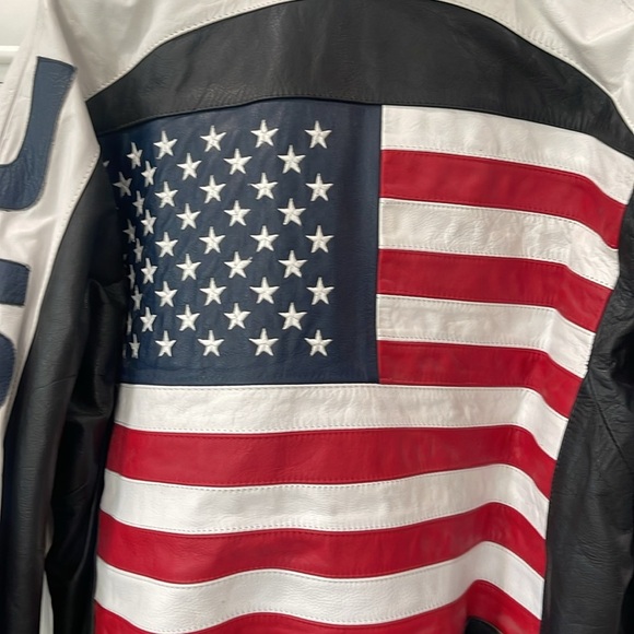 Vintage USA American Flag Black Leather Bomber Jacket Biker Motorcycle size M - Picture 3 of 17